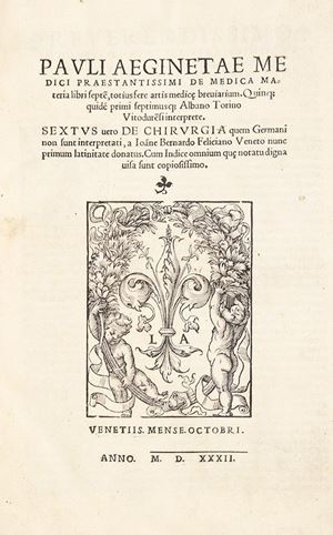 De medica materia libri septem, totius fere artis medicae breuiarium. Quinque quidem primi septimusque Albano Torino Vitodurensi interprete. Sextus uero De chirurgia...