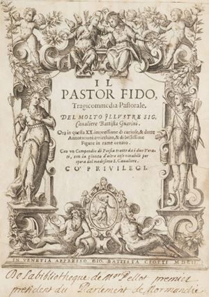 Splendido esemplare di illustre provenienza (la biblioteca di Pellot) della prima edizione illustrata del Pastor Fido (la prima è del 1590). 
Si tratta di un dramma pastorale in endecasillabi e settenari di Giovan Battista Guarini, composto tra il 1583 ed il 1587 e ispirato a una pagina di Pausania. L'opera venne pubblicata per la prima volta a Venezia nel 1590, per essere poi rappresentata nel 1595 (o nel 1596) a Ferrara e nel 1598 a Mantova. Il pastor fido suscitò numerose polemiche per l'inosservanza del precetto aristotelico secondo cui elementi tragici ed elementi comici non potevano essere mescolati all'interno di una medesima opera, come invece avviene nel testo del Guarini. Il poema, ambientato in Arcadia, è una delle più famose opere del sedicesimo secolo, infatti può vantare più di cento ristampe. Ad esso si ispirarono numerosi compositori di madrigali, tra cui Giaches de Wert, Claudio Monteverdi, Sigismondo d'India, Alessandro Grandi, Tarquinio Merula e Heinrich Schütz. Il primo a trarne un'opera lirica fu Georg Friedrich Handel. Ne vennero tratte anche sei sonate un tempo attribuite ad Antonio Vivaldi ed oggi a Nicolas Chédeville. Le copie si trovano sovente mancanti del "Compendio". Gamba, 556. 
Razzolini, p.180; Gay / Lemonnyer, III, 665; Crescimbeni, II, 479; Melzi, II, 320; Piantanida, IV, 4076: "Questa edizione fu a ragione giudicata dal Crescimbene come la migliore di tutte"; Brunet, II, 1775: "Edition estimée et peu commune". Allacci, 604-605. Il pastor fido, tragicommedia pastorale. Del molto illustre sig. caualiere Battista Guarini. Ora in questa XX impressione di curiose, & dotte Annotationi arricchito, & di bellissime Figure in rame ornato