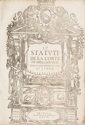 Seconda edizione. Nel primo libro si illustrano la formazione della corte, l'elezione e l'autorità degli ufficiali; nel secondo l'ordine delle liti (diritto civile); nel terzo la materia dei fallimenti; nell'ultimo le leggi relative agli artefici della seta e dei drappi. Li statuti de la corte de mercadanti dell'eccellentiss. repub. di Lucca