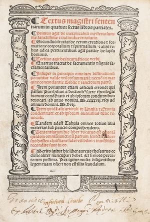 Petrus Lombardus - Textus Magistri Sententiarum in quatuor sectus libros partiales [...] Item ponuntur etiam articuli erronei qui passim [...]