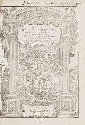 Prima edizione in quarto della celebre opera dell&rsquo;architetto bolognese. I vari libri furono originariamente pubblicati in ordine irregolare e in citt&agrave; diverse (Venezia, Parigi, Francoforte) tra il 1537 e il 1575 (settimo libro). Fu il primo trattato di architettura il cui scopo fosse pi&ugrave; pratico che teorico, ed il primo a codificare i cinque ordini. Si distingue per il tono pragmatico, per l'intento didattico e per la grande importanza data alle immagini, risultando un passaggio importante ed anticipatore non solo nella storia della trattatistica di architettura, ma anche nella storia della stampa, in generale. Ebbe un notevole successo, testimoniato dalle numerose ristampe e traduzioni in varie lingue (francese, tedesco, inglese, fiammingo). Cicognara 668; Berlin Kat. 2570; Fowler 327.  Libro primo [-quinto] d'architettura...Nel quale con facile & breue modo si tratta de primi principij della geometria - Libro estraordinario: nel quale si dimostrano trenta porte di opera rustica mista con diuersi ordini: & uenti di opera dilicata di diuerse specie con la scrittura dauanti