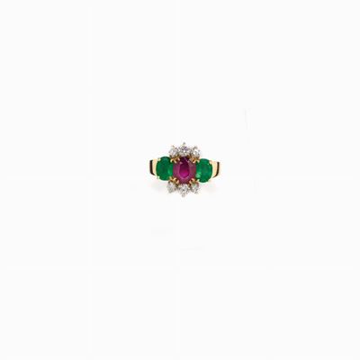 Anello in Rubino e Smeraldi in Oro Giall