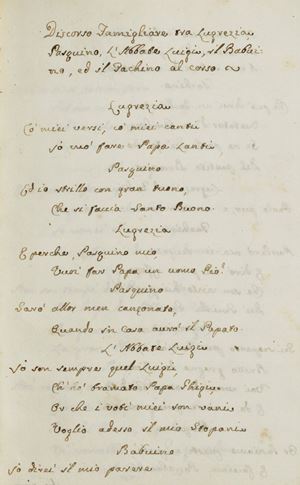 Il manoscritto contiene una serie di "pasquinate", i componimenti satirici per lo più diretti verso il papato che i romani affidavano alla divulgazione tramite le famose statue parlanti dislocate nella città: Pasquino, Marforio, donna Lucrezia, l'abate Luigi e il Facchino. Tra i titoli presenti nel volume ricordiamo: "Riflessioni sopra l'elezione, Governo e Morte di Clemente XIII Rezzonico Veneziano"; "Esortazioni alli Nepoti del fu Pontefice Clemente XIII pel Deposito"; "Avvertimento alli SS. Cardinali prima di entrare in Conclave"; "Bilancia in forma di dialogo tra Pasquino e Marforio"; "Pasquino Veridico Parte Prima e Parte Seconda"; "Memoriale d'un Vescovo al Conclave qual dopo aver servito anni, ed anni, non fu da Clemente XIII avanzato ad alcun posto"; "Discorso famigliare tra Lucrezia Pasquino, L'Abbate Luigi, il Babuino, ed il Facchino al corso"; "Pasquino e Marforio al Conclave"; "Per la morte di Clemente XIII seguira li 2 Feb. 1769"; "Per l'Anatomia dello stesso". Satire fatte in Occasione di Sede Vacante Per la Morte di Papa Clemente XIII Carlo Rezzonico l'anno 1769 