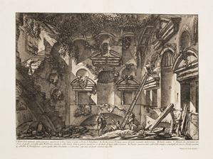 Foglio tratto da "Le Antichità Romane". Focillon 278. Veduta interna della camera sepolcrale nella Vigna Casali a Porta S. Sebastiano