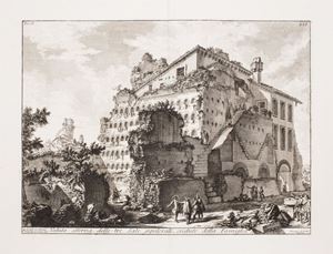 Foglio tratto da "Le Antichità Romane".  Veduta esterna delle Tre Sale Sepolcrali, credute della Famiglia di Aug.to