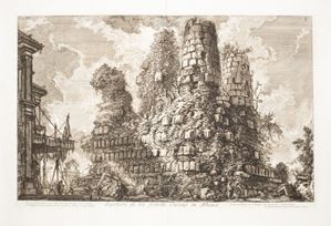 Foglio tratto da "Le Antichità Romane" in prima edizione edita da Bouchard e Gravier. Focillon 295. Sepolcro de' tre fratelli Curazj in Albano