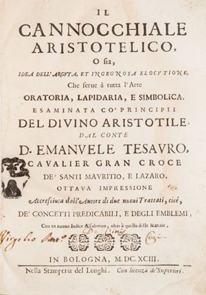 Si tratta dell'ottava edizione accresciuta da 2 nuovi trattati: "De' concetti predicabili" e "Degli emblemi" con indice alfabetico e delle materie. Il cannocchiale aristotelico