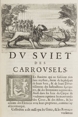 Rara prima edizione di questo importante trattato sui tornei, le giostre, i caroselli nella variante B con le iniziali dell'editore al frontespizio. L’opera è suddivisa in 21 capitoli (i caroselli, la pompe, il circo, la decorazione, le quadriglie, le macchine, l’armonia, le comparse, i premi, ecc.) e tratta l'argomento sia dal punto di vista storico che da quello tecnico-pratico, spiegando regolamenti e svolgimento. Numerose le descrizioni di feste in onore di Casa Savoia, ad esempio la festa a Savigliano per la Beata Vergine del Rosario nel 1653, quella delle amazzoni a Torino nel Carnevale del 1659, la festa nelle sale del palazzo di Torino nel 1587, il torneo acquatico svoltosi sul lago ai piedi del Moncenisio in occasione del passaggio di Cristina di Francia che andava sposa a Vittorio Amedeo I, i caroselli alla Corte di Torino per nascite e matrimoni dal 1611 in poi.
Manno-Promis, I, 5495: “Sono abbondantissime le descrizioni di feste nostrane e della Corte di Savoia”; Brunet, III, 1624-1625; Graesse, IV, 487; De Backer-Sommervogel, V, 917; Tchémerzine, 338; Ruggieri, 140; Derra de Moroda, Dance Library, 1817; Allut, p. 147, LVI.
 Traité des tournois, ioustes, carrousels, et autres spectacles publics