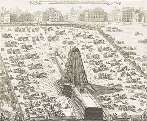 Edizione originale di questa opera poderosa di Carlo Fontana (1634-1714). L'opera e divisa in 7 libri: il I tratta l'antico sito di S. Pietro; il II la basilica costruita dall'imperatore Costantino nel 320 circa; il III libro il trasporto dell'obelisco nel 1585 e il suo innalzamento nella piazza di S. Pietro; il IV la piazza ed il colonnato del Bernini; il libro V e uno studio dettagliato della fabbrica di S. Pietro; il VI il costo di S. Pietro comparato con quello del Tempio di Salomone; l'ultimo libro e dedicato ad uno studio comparato di S. Pietro, del Pantheon e del Duomo di Firenze. Il Templum Vaticanum suscitò grande clamore nel mondo dell'arte dell'epoca. Berlin Kat. 2678; Fowler 122; Millard Italian Books 38. Templum Vaticanum et ipsius origo
