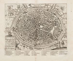 Seconda edizione italiana, la prima stampata da Plantin. Guicciardini rivestì numerosi incarichi per conto di Cosimo I e, dopo un periodo di intensi viaggi, si stabilì definitivamente ad Anversa. Accumulò una ricca documentazione per dare stesura alla "Descrittione di tutti i Paesi Bassi" (1567), la più importante delle sue opere storico geografiche su questo paese, nella quale egli racconta gli eventi storici cui ivi assistette, con una metodica descrizione delle diciassette province in cui allora il territorio era diviso. Rivestì numerosi incarichi per conto di Cosimo I e, dopo un periodo di intensi viaggi, si stabilì definitivamente ad Anversa. Accumulò una ricca documentazione per dare stesura alla "Descrittione di tutti i Paesi Bassi" (1567), la più importante delle sue opere storico geografiche su questo paese, nella quale egli racconta gli eventi storici cui ivi assistette, con una metodica descrizione delle diciassette province in cui allora il territorio era diviso   Descrittione [...] di tutti i Paesi Bassi, altrimenti detti Germania Inferiore