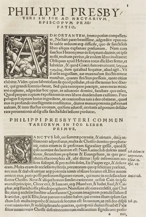 Rara edizione di questo commentario sui libri di Job curato dal   professore di diritto J. Sichard. Adams P, 1024.   In historiam Iob commentariorum libri tres