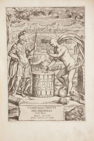 Seconda edizione nella variante B con diversa segnatura. L’autore vi narra l’assedio di Casale del 1640 da parte degli Spagnoli, conclusosi con la loro disfatta e la vittoria dei Francesi e successivamente l’assedio di Torino del 1640 durante la guerra civile fra la Duchessa reggente di Savoia Maria Cristina, vedova di Vittorio Amedeo I e tutrice dei figli Francesco Giacinto e Carlo Emanuele (alleata dei Francesi) e i cognati Principe Tommaso e Cardinale Maurizio (alleati degli Spagnoli). Di questo assedio, il Tesauro offre un dettagliato resoconto degli avvenimenti militari che si protrassero dal mese di maggio, allorchè un esercito francese pose l’assedio alla città, a sua volta contrastato dalle truppe spagnole, al mese di settembre, allorché i Principi Maurizio e Tommaso lasciarono la città con le loro truppe.
Besano Begey, Mostra dell’antico libro piemontese, 66; Peyrot, Torino nei secoli, I, 30 (cita solo la prima delle due carte f.t.) e 31 (la seconda carta, ma non inserita nell’opera); Lozzi, II, 5413 (in nota); Bocca, 6167.
 De’ campeggiamenti del Piemonte... Volume secondo il qual contiene La rivolutione della fortuna per l’assedio di Casale. Et Torino assediato e non soccorso. L’Anno M.DC.XXXX
