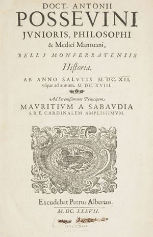 Rara edizione originale di questa monumentale opera storiografica sulla prima guerra per la successione del Monferrato tra i Savoia e i Gonzaga, scoppiata nel 1612 in seguito alle pretese avanzate da Carlo Emanuele I Duca di Savoia che reclamava il diritto alla successione per la nipotina Maria di cui rivendicava la tutela e conclusasi – dopo alterne vicende che videro intervenire nel conflitto anche la Spagna e la Francia – nell’ottobre del 1617 con la Pace di Pavia, che lasciò sostanzialmente irrisolta la questione tra Savoia e Gonzaga (la guerra riprenderà nel 1628 per concludersi con la Pace di Cherasco del 1631). Ve ne è un’edizione identica, anch’essa stampata nel 1637 senza indicazione di luogo (ma Ginevra) con la soscrizione «ex Typographia Petri Chouët». Brunet, Cat., 25321; Graesse, V, 422; Manno-Zucchi, X, 39851: “Nel 1637 il Tesoriere N. Giorgio Gantellet pagò allo stampatore Chouët a Ginevra 489 lire ducali p. saldo della stampa, imballaggio e porto di questo libro «a tant arresté par le Rd. père Monod»”; Lenglet du Fresnoy, Méthode pour étudier l’histoire, ediz. Parigi 1735, VII, p. 774; Dufour-Rabut, Imprim. en Savoye, 20.

 Belli Monferratensis historia, ab anno salutis M.DC.XII. usque ad annum M.DC.XVIII