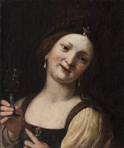 Giovane donna in atto di brindare, olio su tela