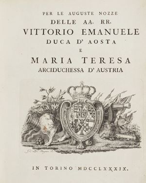 Prima opera: ode pubblicata in occasione del matrimonio di Vittorio Emanuele di Savoia Duca d’Aosta (1759-1824), secondogenito di Vittorio Amedeo III Re di Sardegna e di Maria Antonia Ferdinanda nata Infanta di Spagna, con Maria Teresa Arciduchessa d’Austria (1773-1829), figlia dell’Arciduca Ferdinando di Lorena e di Maria Beatrice Principessa di Modena-d’Este, celebrato a Torino il 23 aprile 1789. 
Seconda opera: rara placchetta intesa a celebrare il passaggio del Ducato di Monferrato dai Gonzaga ai Savoia avvenuto nel luglio del 1708, allorché Vittorio Amedeo II ne ricevette l’investitura da parte dell’Imperatore Giuseppe I (concessione poi confermata nel 1713 dal Trattato di Utrecht).
Manno-Zucchi, X, 39486.  
Quarta opera: l'autore, indicato nel frontespizio con il solo cognome, è quasi certamente Jean François Ducis (Versailles, 1733 – Parigi, 1816), il noto poeta drammatico che adattò drammi shakespeariani per le scene francesi e che, dal 1779, fu membro dell’Académie Française.
 Per le Auguste Nozze delle Altezze Reali Vittorio Emanuele Duca d’Aosta e Maria Teresa Arciduchessa d’Austria