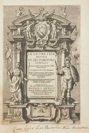 Seconda edizione ampliata con le aggiunte e revisioni dell'ingegnere friulano Giovanni Scala (1547-1599) del trattato di Pomodoro, che si basa sui postulati di Euclide e le relative applicazioni, ed ebbe una notevole diffusione e fortuna editoriale dopo la prima impressione del 1599.Riccardi II, 301; Graesse V, 399; Cockle 944. La geometria prattica [...] cavata da gl'Elementi d'Euclide, e d'altri famosi autori 