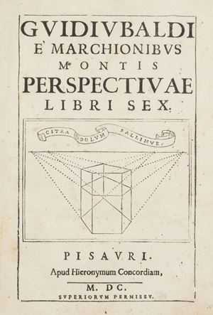 Rara edizione originale di qust'opera caposaldo nella storia della prospettiva, nel quale l'autore fornisce un'analisi definitiva delle scienze matematiche delle proiezioni prospettiche. Schlosser p.413: "Il difficile problema del rilievo prospettico [...]trovò la sua soluzione scientifica nel libro del grande matematico Guidobaldo Dal Monte (1600). [...]. Su questa base sorgeva la possibilità tecnica di quel prodigioso perfezionamento della prospettiva teatrale, che assicurò agli italiani il predominio in questo campo". Cicognara 837; Riccardi II, 179. Perspectivae Libri Sex