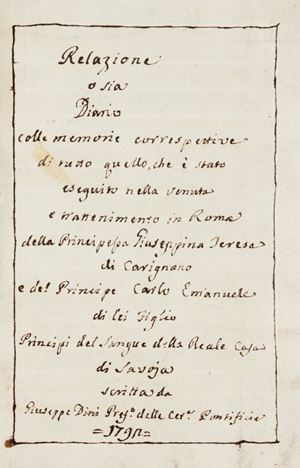 Manoscritto inedito – verosimilmente di mano dell’autore, Prefetto di Cerimonie della Corte Pontificia – contenente il diario della visita compiuta a Roma nel dicembre del 1791 e protrattasi, con l’interruzione di un soggiorno a Napoli, fino al 18 aprile del 1792 da parte di Giuseppina di Lorena-Armagnac (rimasta vedova del Principe Vittorio Amedeo di Savoia-Carignano) e del figlio Carlo Emanuele (nato nel 1770; padre, qualche anno più tardi, di Carlo Alberto, futuro Re di Sardegna). La relazione della visita, compiuta pochi anni prima che il Piemonte cadesse sotto la dominazione francese, offre dettagliate notizie sulle accoglienze, i ricevimenti, le feste, ecc. cui i Principi parteciparono.
 Relazione o sia Diario colle memorie corrispettive di tutto quello che è stato eseguito nella venuta e trattenimento in Roma della Principessa Giuseppina Teresa di Carignano e del Principe Carlo Emanuele di lei Figlio Principi del Sangue della Reale Casa di Savoja scritta da Giuseppe Dini Pref.[etto] delle Cer.[imonie] Pontificie