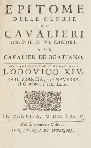 Prima opera: edizione originale di quest'opera che fornisce la lista dei 378 cavalieri dell'ordine, con la descrizione dei loro blasoni, in latino e francese. Le pp. 229-232 recano solo il titolo corrente, senza apparente mancanza del testo. 
Seconda opera: prima edizione in barbe. L'autore traccia brevemente la storia dei primi ordini, le loro similitudini con alcune confraternite religiose e la loro utilità; passa poi a esaminare una ventina di ordini cavallereschi: Cavalieri di Malta, Templari, Cavalieri del Toson d'oro, ecc. Insignia gentilitia equitum ordinis velleris aurei