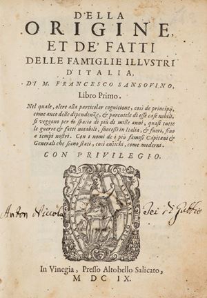 Seconda edizione, nella variante B, di un'opera fondamentale in campo araldico, in cui l'autore traccia una storia delle principali famiglie italiane. Graesse VI, 267.  Della origine, et de' fatti delle famiglie illustri d'Italia