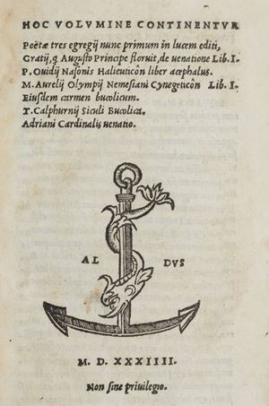 Poetae tres egregij nunc primum in lucem editi,
Gratij, Q Augusto Principe floruit, de venatione lib. I. P.
Ovidii Nasonis Halieuticon liber acephalus.M.Aurelij
Olimpij Nemesiani Cynegeticon Lib.I. eiusdem carmen
cucolicum. T. Calphurnij Siculi Bucolica.Adriani Cardinalis
Venatio