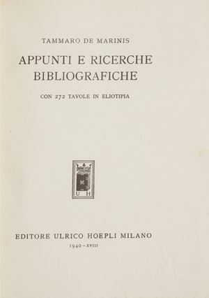 Raccolta di saggi su incunaboli illustrati, xilografie,
manoscritti e legature, incluso un catalogo di 83 antiche
legature francesi su incunaboli appartenenti a raccolte
italiane. Magnifico esemplare di libro raro, e sfortunato, chè
la maggior parte della tiratura andò distrutta in un incendio.
 Appunti e Ricerche Bibliografiche