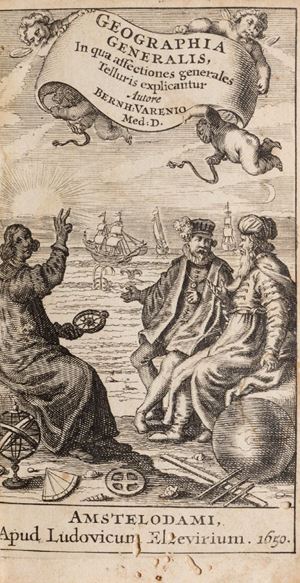Prima edizione del più famoso testo di Varenius, rara
a trovarsi, in grazioso e fresco esemplare. Willems 1120.
Norman 2130. Linda Hall Libr.”Theories of the Earth”,
2. Zittel p. 25:”A work far exceeding that of Kircher in
critical insight and metodical treathment. It is valued as the
fundamental work in the domain of Geophisics”.
 Geographia generalis,
in qua affectiones generales tell uris explicantur