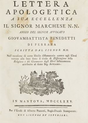 I opera: "Saraval Giacobbe veneziano, prima rabbino in patria e poi in Mantova ove morì in aprile del 1782 [...] è autore della Lettera apologetica [...] e difende la sua nazione dalle varie accuse ch'essa contiene" (cfr. G.B De' Rossi. Dizionario storico degli autori ebrei, Parma, 1802, p.121). Lettera apologetica a sua eccellenza il signor marchese n.n. amico del signor avvocato Giovambattista Benedetti di Ferrara scritta dal signor n.n. nell'occasione di certo libello diffamatorio contro gli ebrei venuto in luce sotto il titolo di Dissertazione della religione e del giuramento degli ebrei fallacemente attribuito al detto sig. avvocato