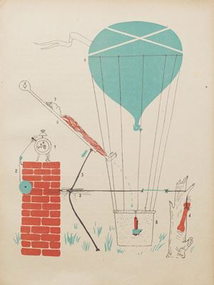 Prima edizione. L'opera, originalissima sia nella veste tipografica che nel contenuto, tratta di 13 singolari invenzioni, ciascuna descritta nei particolari "tecnici" e accompagnata da un'illustrazione. Tra i marchingegni più strani, il "Motore a lucertola per tartarughe stanche", il "Congegno a pioggia per rendere musicale il singhiozzo" e lo "Sventolatore di fazzoletti alla partenza dei treni".  Le macchine di Munari