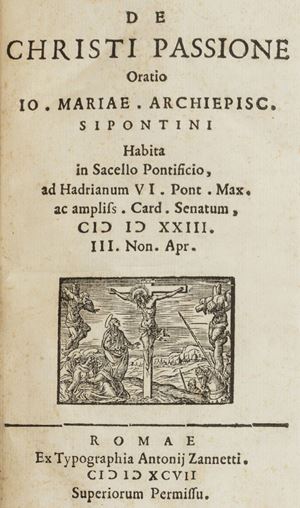 E’ L’ULTIMO LIBRO STAMPATO DAI MANUZIO,
RARISSIMO. Renouard, p. 253, 477 e 495. UCLA 706.
 De Christi Passione Oratio