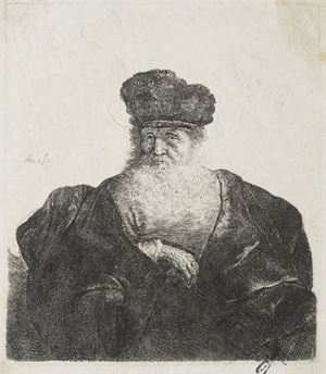 Ottima prova impressa nell'unico stato. Biorkumd e Barnard segnalano che le primissime prove hanno gli angoli della matrice, dell'impronta del rame, squadrate, la nostra prova le ha già arrotondate.  Ritratto di uomo con barba, cappello di pelliccia e gli occhi chiusi