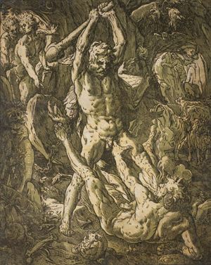 Ottimo esemplare. Il racconto di Ercole e Caco, è stato erroneamente associato alle dodici fatiche di Ercole. In realtà, sebbene vi sia una connessione, l' episodio viene narrato da Ovidio (Fasti, I, 545-578)1. Ercole catturò la mandria di Gerione. Caco, figlio di Vulcano, gli rubò otto buoi e li nascose nella sua grotta, bloccando l’entrata con un macigno.
Ercole lo inseguì, entrò nella grotta attraverso il tetto e iniziò a combattere. Goltzius coglie Ercole nel momento del suo trionfo. Ercole e Caco