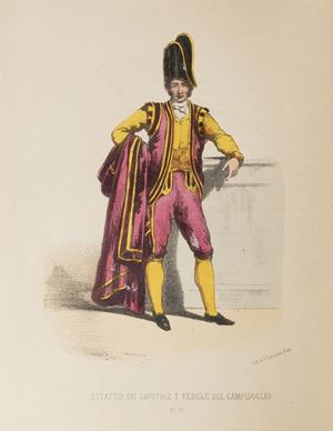 Seconda edizione, esemplata sulla prima, apparsa nel 1852, di questa splendida suite di "planches...copiées sur les recueils de costumes ecclesiastiques de Ferrari et Capparoni", Colas I 2323; Hiler 702; Lipperheide 1825.  Album ou collection complete et historique des costumes de la cour de Rome des ordres monastiques, religieux et militaires et des congregations seculieres des deux sexes