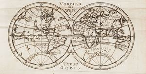 Rara edizione in latino stampata ad Ulm. Phillips Atlases 512. Geographia totius Orbis compendiaria. Singulas ejus Partes, pre|sertim in Germania, Regna, Principatus, Provincias, Regiones, Civitates [...] Nomina itidem hodiernorum Imperii Procerum accurate exhibens