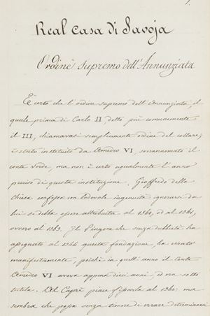 L'ordine seguito è quello alfabetico degli stati o delle famiglie di fondazione degli ordini cavallereschi cominciando però dalla Real Casa di Savoia. Seguono: Assia-Cassel, Assia-Darmstadt, Austria, Baden, Baviera, Brasile, Danimarca, Due Sicilie, Francia, Hannover, Hoenlohe, Inghilterra, Lembourg-Luxembourg, Paesi Bassi, Palestrina, Parma, Persia, Portogallo, Prussia, Roma, Russia e Polonia, Sassonia (ramo Albertino), Sassonia-Coburg-Saalfed, Sassonia-Weimar-Eisenach, Spagna, Stati Uniti d'America, Svezia, Toscana, Turchia, Wurtemberg,  Storia degli Ordini Equestri Nazionali e Stranieri scritta da Luigi Cibrario e pubblicata nel Calendario Generale nel 1830