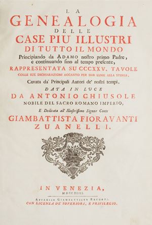 Interessante e notevole opera in edizione originale, di questo autore trentino, viaggiatore, geografo e matematico. Ogni tavola genealogica riporta a fronte un’esauriente spiegazione studiata sotto l'aspetto storico politico, oltre che della consanguineità.  La genealogia delle case più illustri di tutto il mondo 
