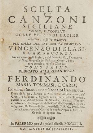 Interessante pubblicazione con testo latino e siciliano a fronte, con annotazioni di Ugo Antonio Amico, umanista e poeta (Monte San Giuliano 1831 - Palermo 1917), libero docente di Letteratura Italiana presso l'Università di Palermo dal 1893 al 1898. Fu sostenitore dell'unità nazionale e nel 1860 divenne funzionario, prima a Torino e poi a Firenze, del Ministero della Pubblica Istruzione e segretario particolare del ministro Carlo Matteucci. Mira,I, p. 110 (edizione del 1743) Scelta di canzoni siciliane sagre, e profane colle versioni latine. Tomo primo