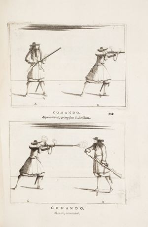 Rara edizione illustrata di questo trattato militare del sec. XVII, corredata di interessanti incisioni calcografiche che testimoniano la storia del costume militare. L'autore dedica l'opera al suo patrono, il Principe Elettore di Bavaria Ferdinando Maria (1636-1679). Questa edizione è identica alla prima del 1670, ad eccezione del nome Turrini e della data. La prima parte dell'opera riguarda l'esercizio corretto e la manipolazione di picche e moschetti. Il testo e le belle illustrazioni chiariscono come caricare, puntare e sparare con i moschetti. La seconda parte tratta di esercizi militari e formazioni da battaglia per battaglioni di piccole dimensioni, con incisioni raffiguranti le corrette formazioni d'attacco e di difesa. Precetti militari consacrati 