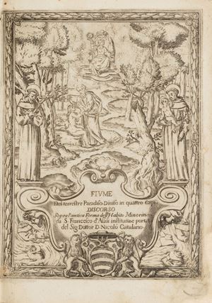Edizione originale rara, divisa in quattro discorsi, che riporta l'indagine molto meticolosa che venne fatta dall'autore in tutta l'Italia. Ne deriva un'importante documentazione dal punto di vista iconografico e testuale sui francescani. Le illustrazioni raffigurano dipinti, affreschi, pietre tombali, opere del XIII e del   XIV secolo poi distrutte o modificate. L'antiporta rappresenta il Paradiso Terrestre, mentre Dio crea la donna con a destra la figura di Sant'Antonio da Padova ed a sinistra San Francesco d'Assisi. L'opera venne messa all'Indice sei anni dopo la sua pubblicazione.      Fiume del Terrestre Paradiso [...] Tratatto Difensivo [...] ove si ragguaglia il Mondo nella Verita dell'Antica Forma d'Habito de' Frati Minori istituita da S. Francesco