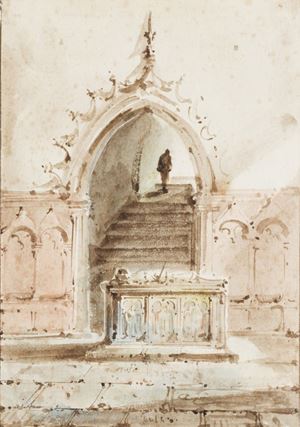 Tomba con bassorilievo e interno di palazzo con scale