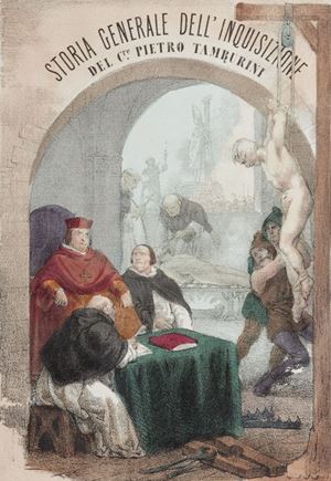 Edizione postuma di questa imponente storia dell’inquisizione dell’abate Pietro Tamburini (Brescia, 1739 - Pavia, 1827), forse il massimo esponente del Giansenismo italiano, fautore di quella "democrazia ecclesiastica" che sfocerà nel sinodo di Pistoia del 1786. L’opera, assai esaustiva nel trattare di ogni movimento ereticale rispetto alla Chiesa di Roma (nonché delle pratiche di processo e di tortura), venne scritta tra il 1817 ed il 1818 per reazione al perdurare dell’Inquisizione in Spagna ad opera di Ferdinando VII. Al suo apparire essa venne subito posta nell’Indice dei libri proibiti, in cui rimase fino al Concilio Vaticano II.
(4) Storia generale dell'inquisizione
