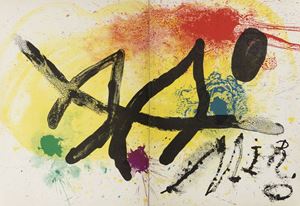 Bell'esemplare completo della "rectification" e del cartocino della Galerie d'Art di Ginevra. La pubblicazione, oltre il catalogo illustrato delle opere di Mirò esposte al Musée de l' Athénée (pp.17-45), comprende, nelle pagine precedenti, un Hommage di Michel Leiris dal titolo Marrons sculptés pur Mirò. P. Cramer, Joan Miró, Catalogue raisonne´ des livres illustrés, Ginevra,  P. Cramer, 1989, n.7, pp. 200 - 201.  Joan Mirò. Oeuvre graphique original. Ceramiques. Hommage de Michel Leiris