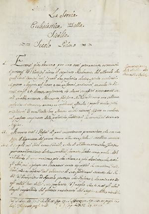 Trascrizione dell'opera di Monsignor Giovanni de Giovanni "Storia ecclesiastica della Sicilia", pubblicata postuma dal Padre Salvatore Lanza a Palermo nel 1846-47 basandosi sul manoscritto conservato nella Biblioteca di Palermo. Il de Giovanni - autore anche del "Codice diplomatico della Sicilia", "Storia dell'Ebraismo" e il "Trattato dei divini ufficii"-, arrivò solo fino al secolo XIII mentre il Lanza prosegue fino al XIX. Il nostro copista deve aver attinto dal manoscritto originale o da altra copia circolante.  La storia Ecclesiastica della Sicilia. Secolo Primo - Tredicesimo