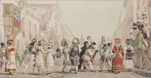 Bellissima raccolta di litografie che raffigurano vedute di Roma e scene popolari tipiche del folclore civile e religioso della città (nel corso di un anno), rielaborate da Jean-Baptiste Thomas (1791-1838) - che soggiornò un paio d'anni a Roma ospite dell'Accademia di Francia - a partire dagli originali di Pinelli. L'opera rappresenta un'interessante fonte per lo studio degli usi e costumi romani agli inizi dell'Ottocento poiché molte delle feste che mostra sono oggi scomparse. Brunet V 833; Colas 2872; Lipperheide 1309]. Un an a Rome et dans ses environs