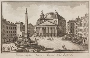 Bella edizione di questa serie di vedute di Roma incise da Cassini, geografo, cartografo e intagliatore di architetture e prospettive, uno dei migliori allievi di Giovanni Battista Piranesi. Cicognara 3657.  Nuova raccolta delle megliori vedute antiche e moderne di Roma disegnate ed incise... l'anno 1775