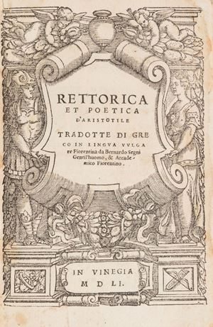 I opera: Rara edizione latina della Politica di Aristotele tradotta da Leonardo Aretino con il commentario di  Raffaele Maffei da Volterra. 
II opera: La retorica e Poetica di Aristotele nella traduzione di Bernardo Segni. Adams A 1776. Politicorum ad Nicomachum lib. primus [-octavus]