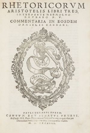 Prima edizione con il commento di Ermolao Barbaro.  Rhetoricorum...Libri Tres