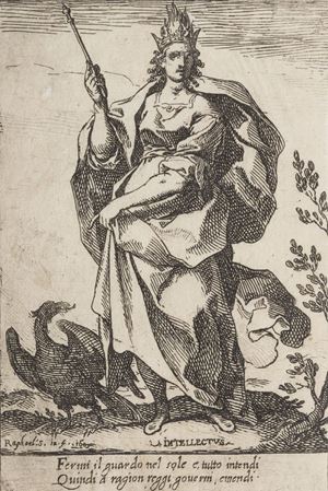 Tre allegorie che compaiono nella raccolta degli Attributi di Schiaminossi (1572-1622).  Meritv - Praemium - Intellectvs