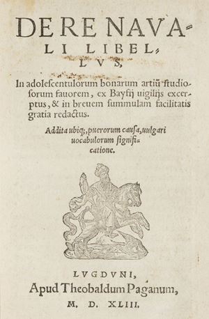 Edizione a cura di Charles Estienne, il cui nome appare nella prefazione, di quest'opera sulle barche da guerra dell'antichità (prima edizione, Parigi 1537). Giuseppe Bencivenni Pelli (1729-1808) patrizio fiorentino proprietario del libro, fu l'ultimo esponente della famiglia Pelli, storico, saggista e direttore della Galleria degli Uffizi dal 1775 al 1793.  De re navali libellus