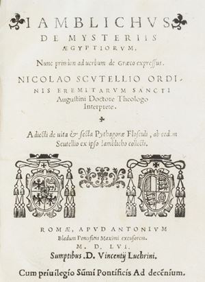 Bella edizione latina di questo curioso trattato sulle superstizioni del mondo antico attribuito al filosofo neoplatonico greco Iamblichus. La seconda parte è costituita da "Pytagorae vita ex Iamblicho collecta". Adams 13 & 16; Brunet III, 493. De mysteriis Aegyptiorum, nunc primum ad verbum de Graeco expressus